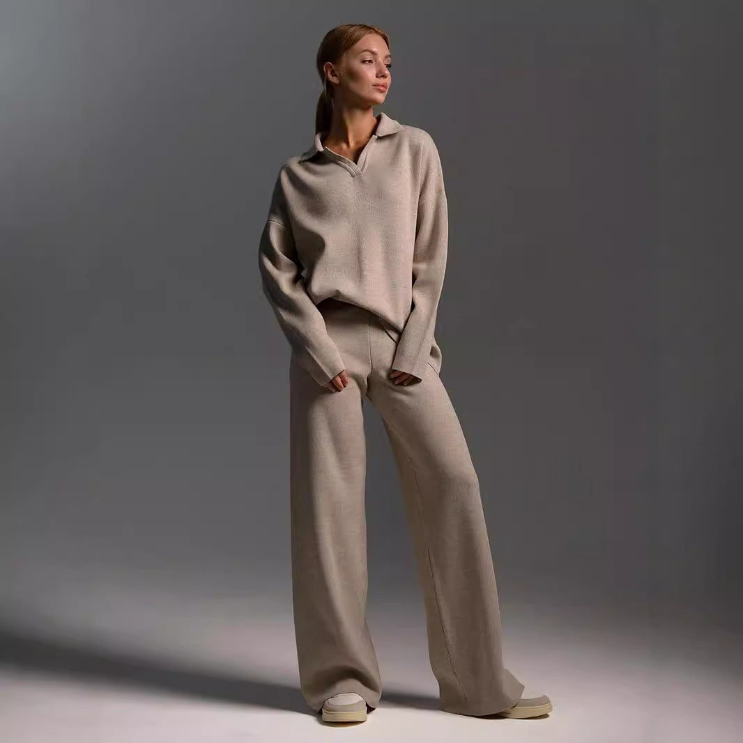 Women's Casual Sweatshirt Set Long-Sleeve Pullover Top & Loose Straight-Leg Pants