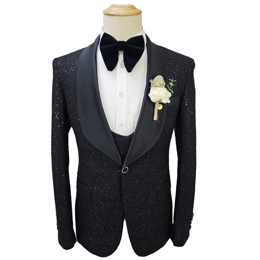 Shiny Black Men's 3-Piece Suit Set Slim Fit Wedding Groomsmen