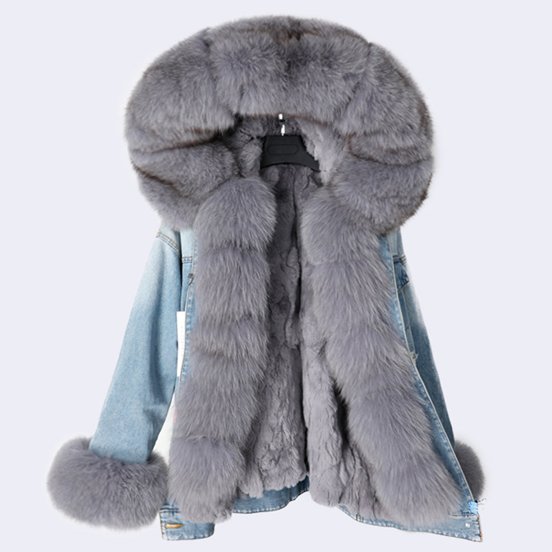 Denim Style Coat with Detachable Rabbit Hair Liner and Fur Collar