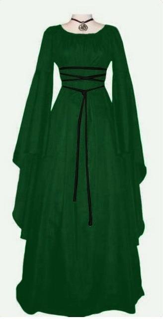 Robe d'Halloween pour femme, manches longues, col rond et ceinture, coupe asymétrique, costume de sorcière.