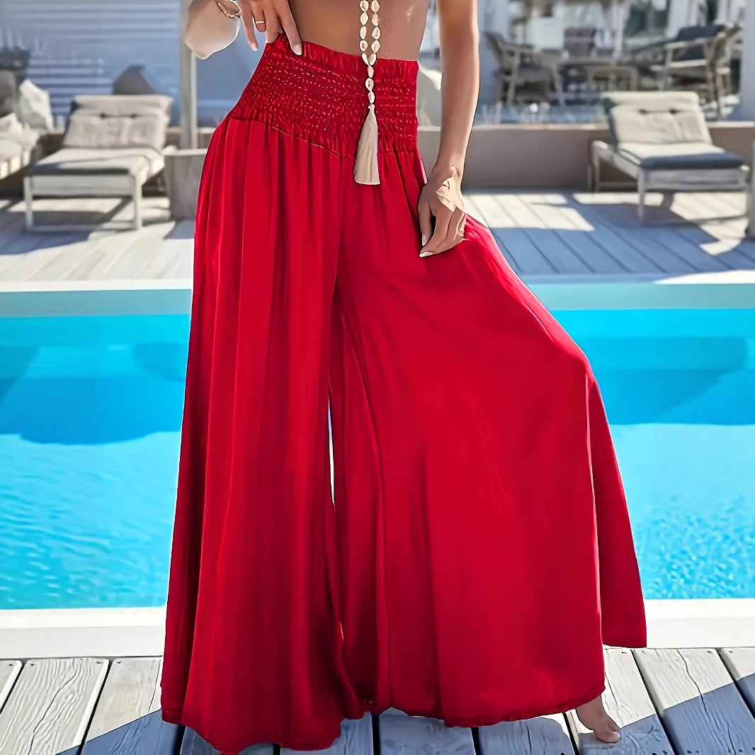 Solid Color High Waist Smocking Ice Silk Wide Leg Trousers