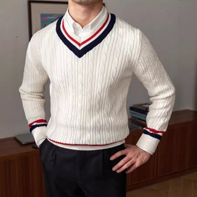 V-Neck Cotton Cardigan Sweater in Milky White & Black, Sizes S-XXL