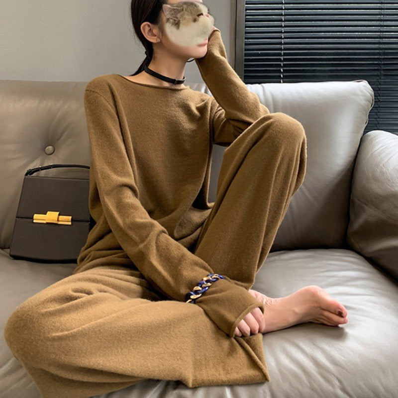 Ensemble deux pièces en maille de laine avec pull et pantalon large Noir, Marron, Beige