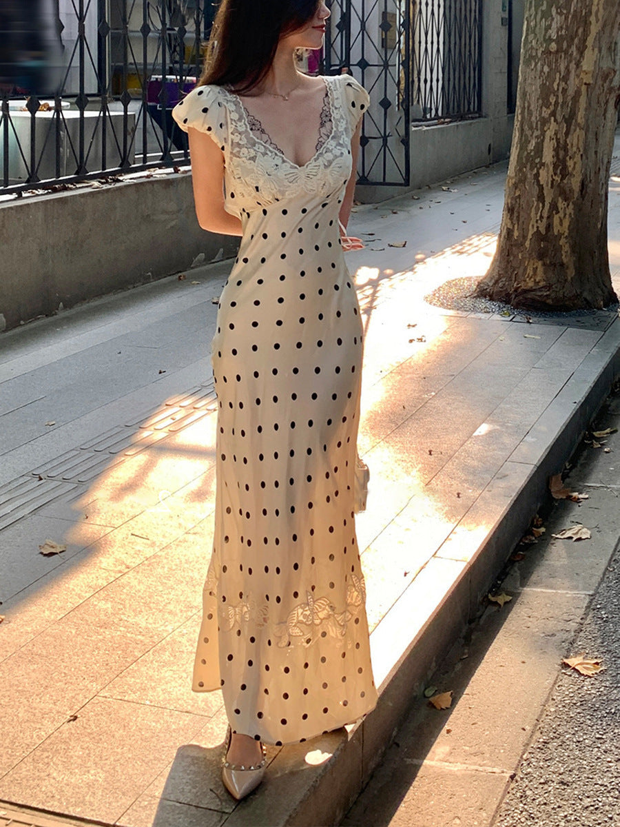 Women's Lace V-Neck High Waist Polka Dot Dress S-XL