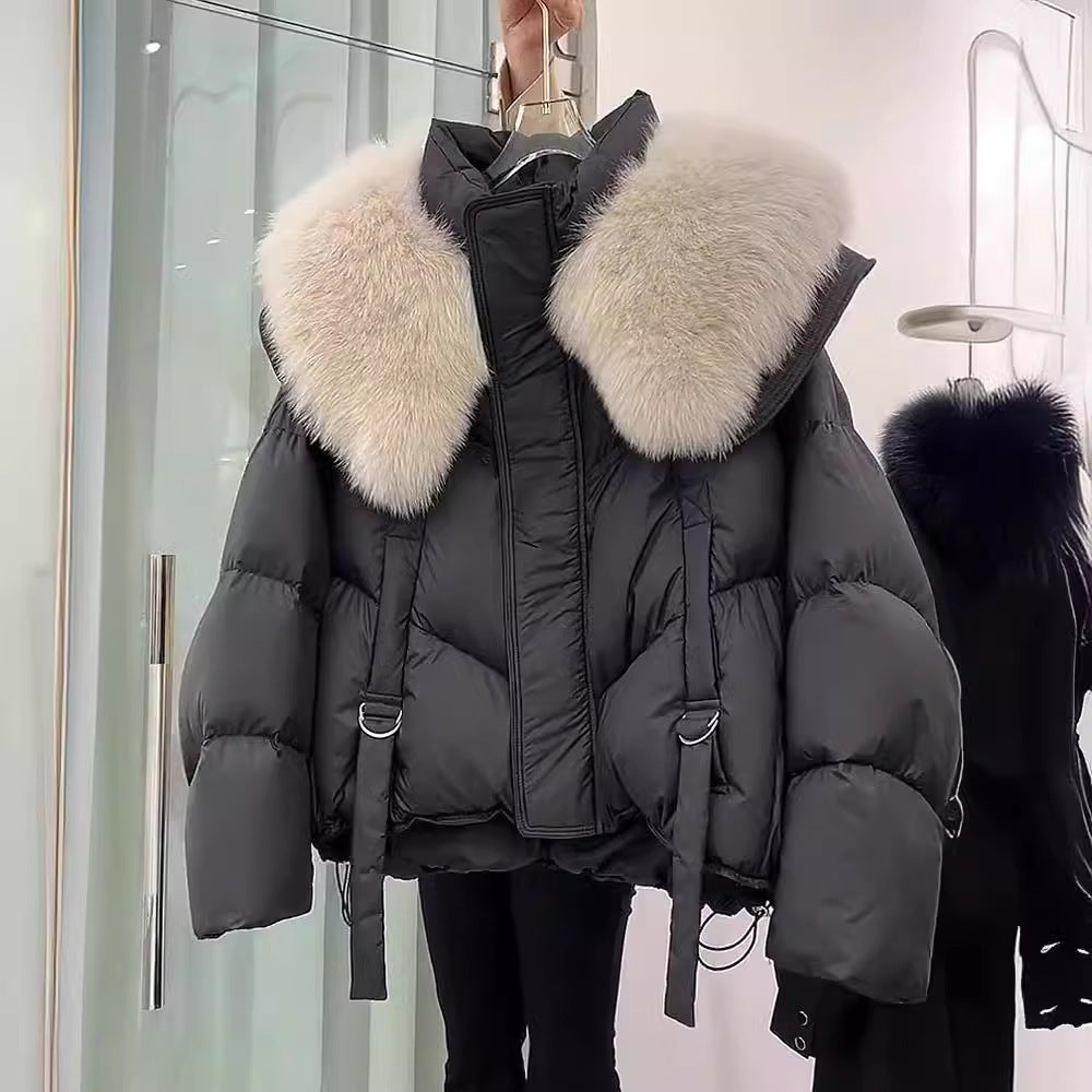 Manteau d'hiver matelassé en coton noir avec col en fourrure pour femme