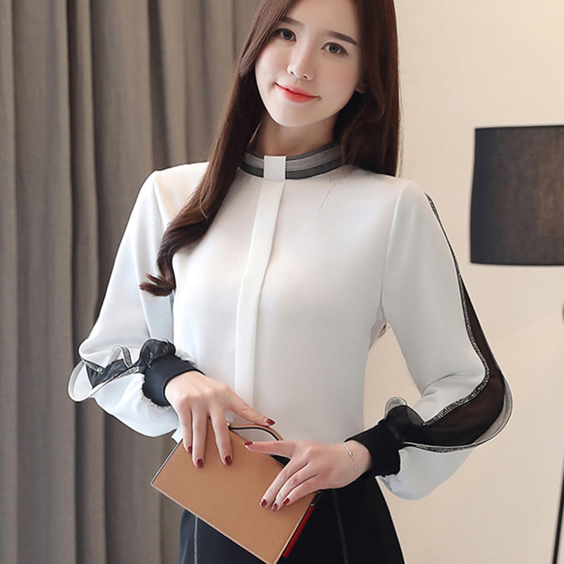 Chemise de base à col montant et manches longues en mousseline pour femmes