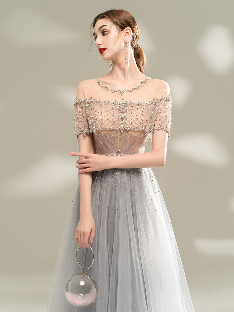 Robe de soirée longue grise pour femme, col U, jupe trapèze