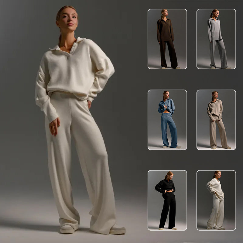 Women's Casual Sweatshirt Set Long-Sleeve Pullover Top & Loose Straight-Leg Pants