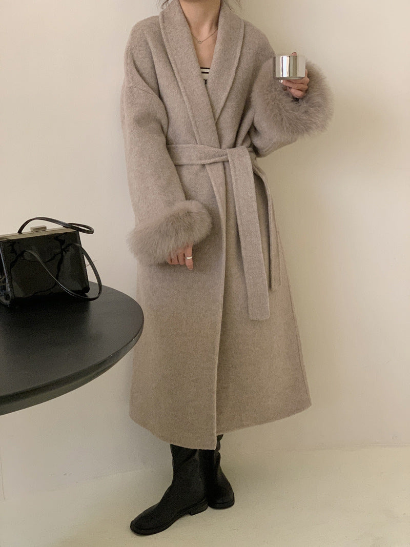 Women's Long Reversible Wool Coat with Lapel and Pockets