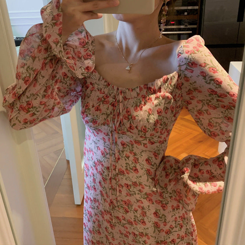Vintage Floral Square Collar Long Dress