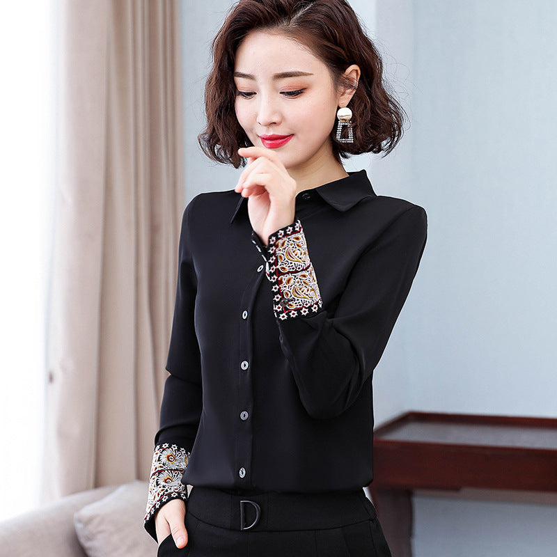 Chemisier en mousseline brodé blanc à manches longues pour femme style chinois