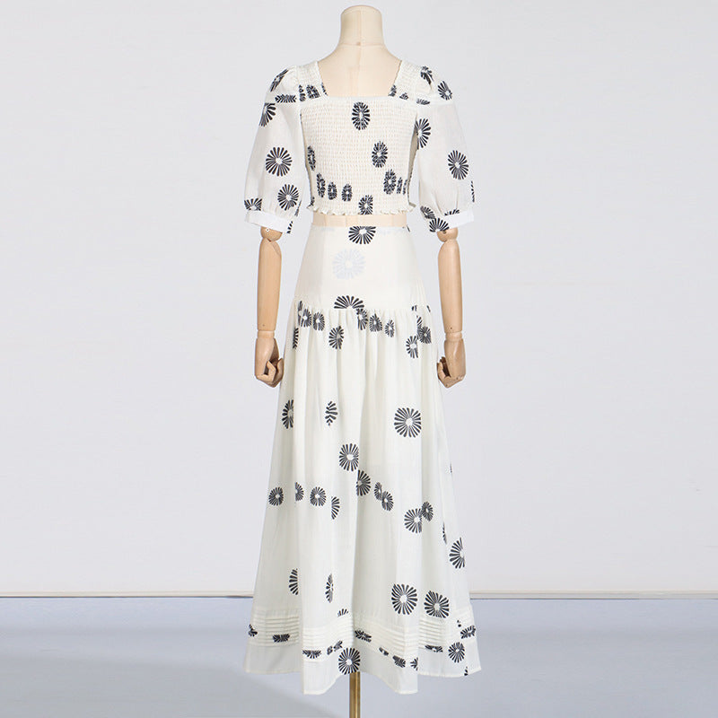 White Floral Puff Sleeve Two-Piece Summer Set with Top & Skirt