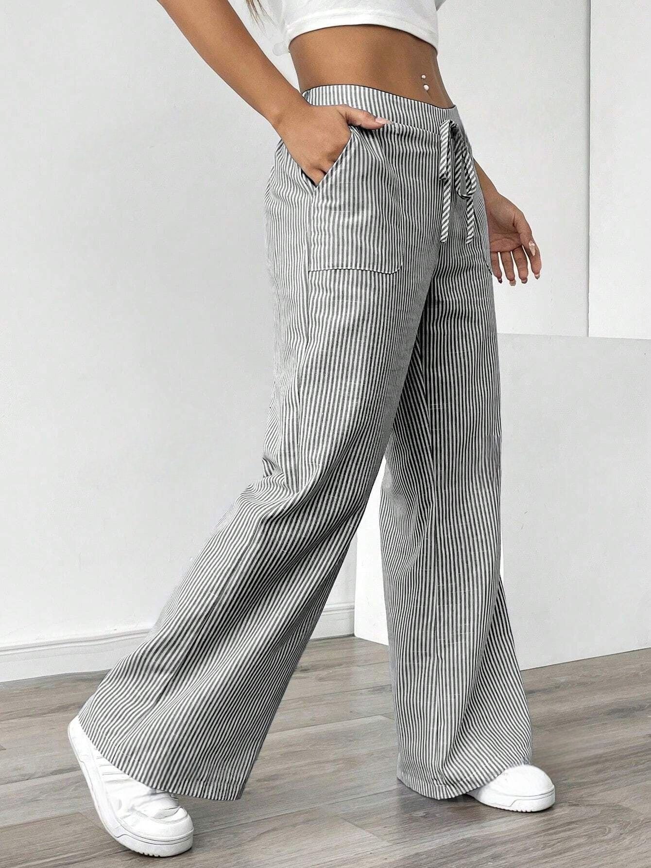Striped Wide Leg Trousers with Pockets Casual Loose Pants for Women