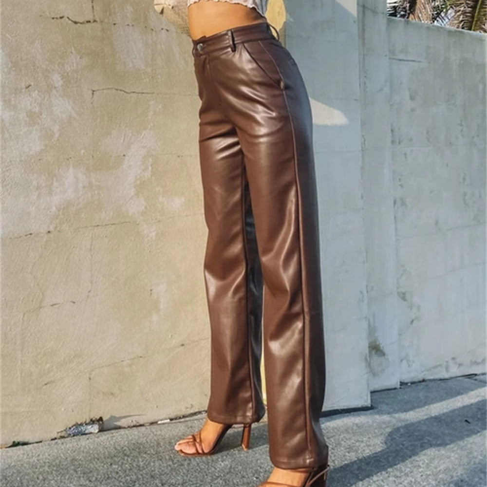 Pantalon en similicuir taille haute, coupe ample, jambes larges, style décontracté