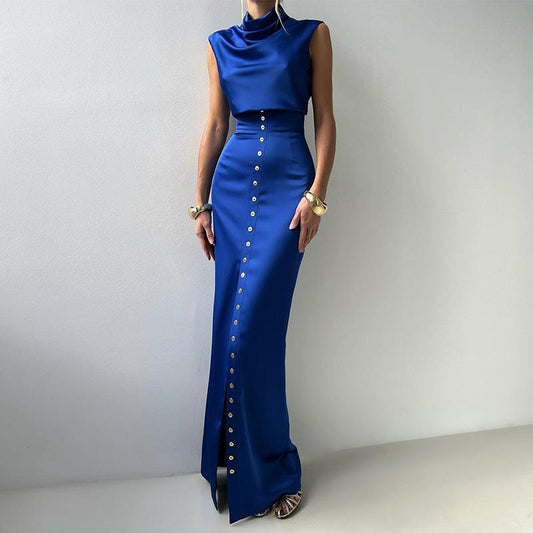 Summer New Pile Collar Sleeveless Top Breasted Skirt Slim Fit Suit