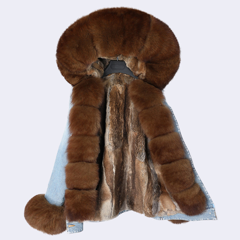 Denim Style Coat with Detachable Rabbit Hair Liner and Fur Collar