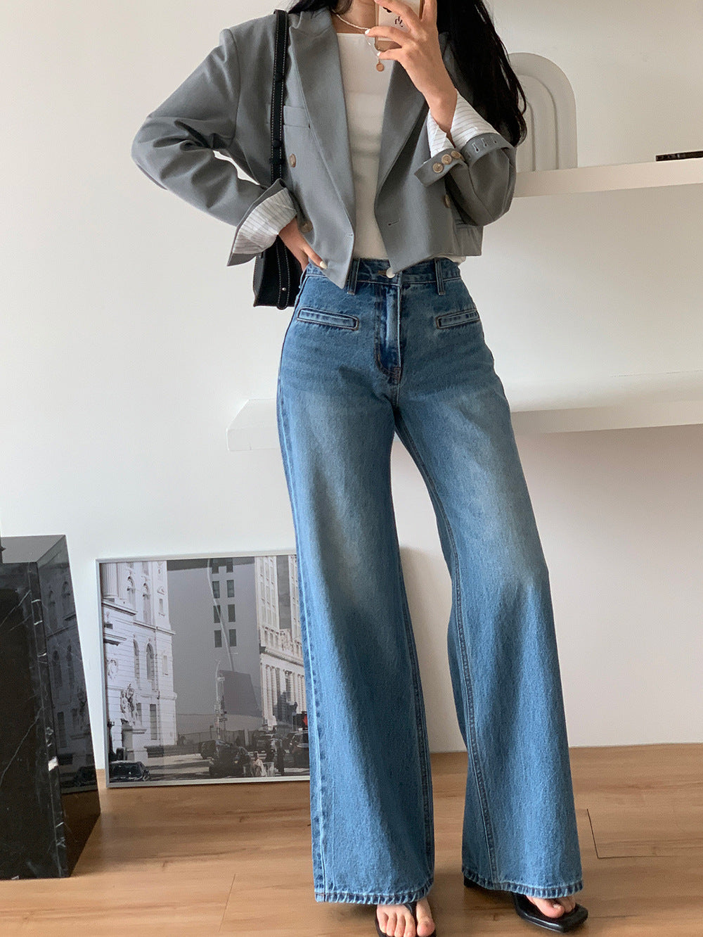 Retro High Waist Chenille Wide Leg Jeans for Women S-XL