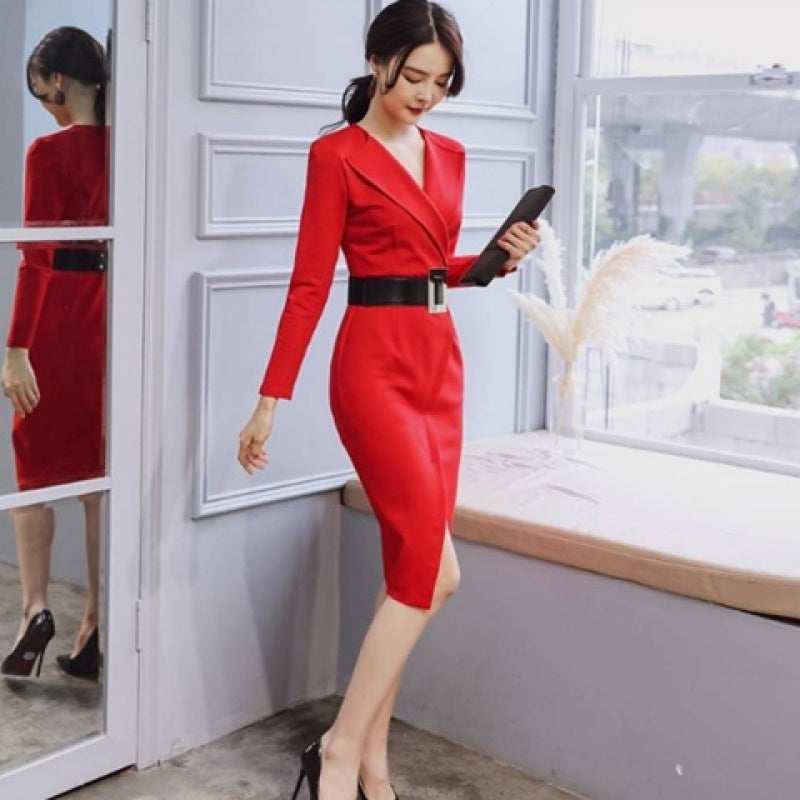 Mid-Length Long-Sleeve V-Neck Dress with Temperament