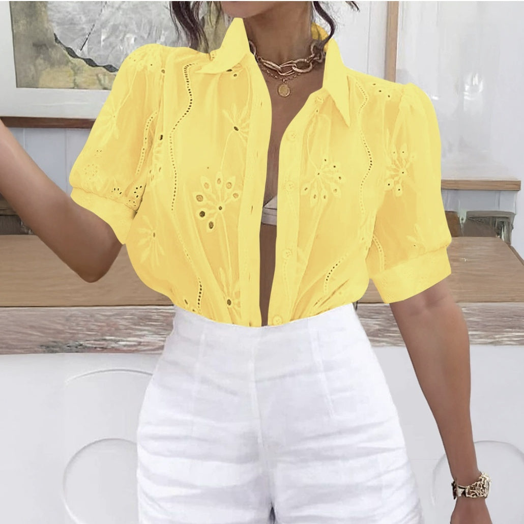 Women's Single-breasted Embroidered Long-sleeved Lapel Shirt