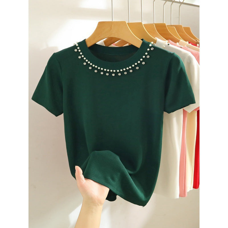 White Shoulder Short-Sleeve Knitted Top with Heavy Industry Beads