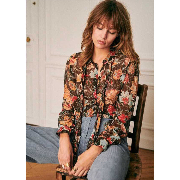 Cardigan à manches longues en rayonne à motif floral rétro français