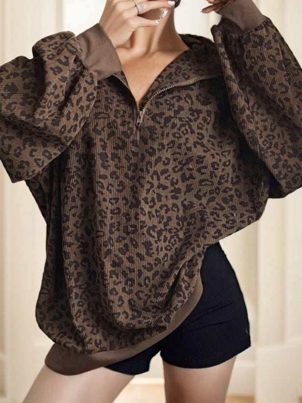 Women’s Casual Leopard Print Zip-Up Long Sleeve Sweatshirt