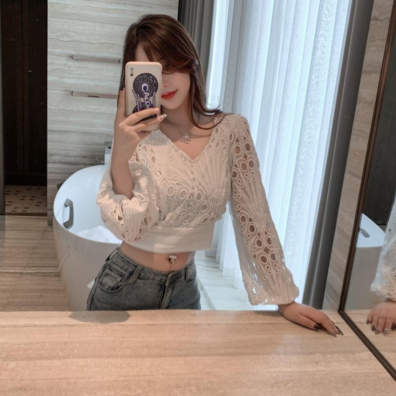 French Palace Lace Cotton V-Neck Shirt for Women, Short Length, Long Sleeve, White & Black, Sizes S-M