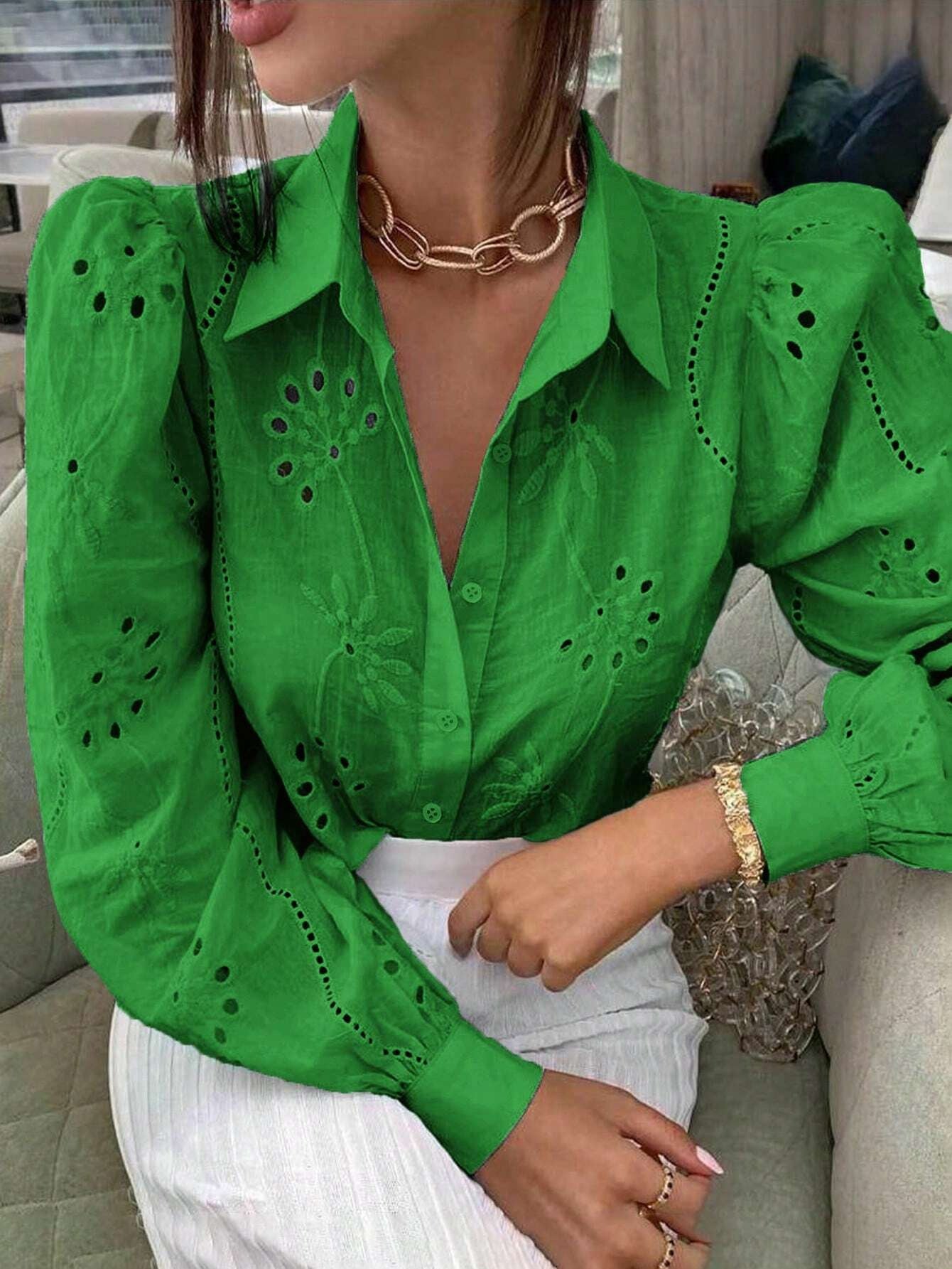 Women's Single-breasted Embroidered Long-sleeved Lapel Shirt