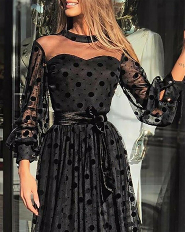 Black Polka Dot Mesh Lantern Sleeve Dress