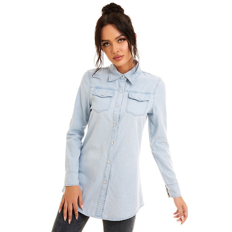 Veste-chemise mi-longue en jean pour femme avec broderies florales