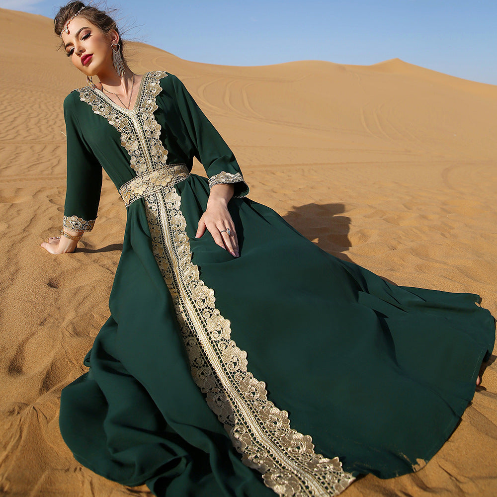 Fashion Arabian Women's Dark Green Embroidered Lace Dress
