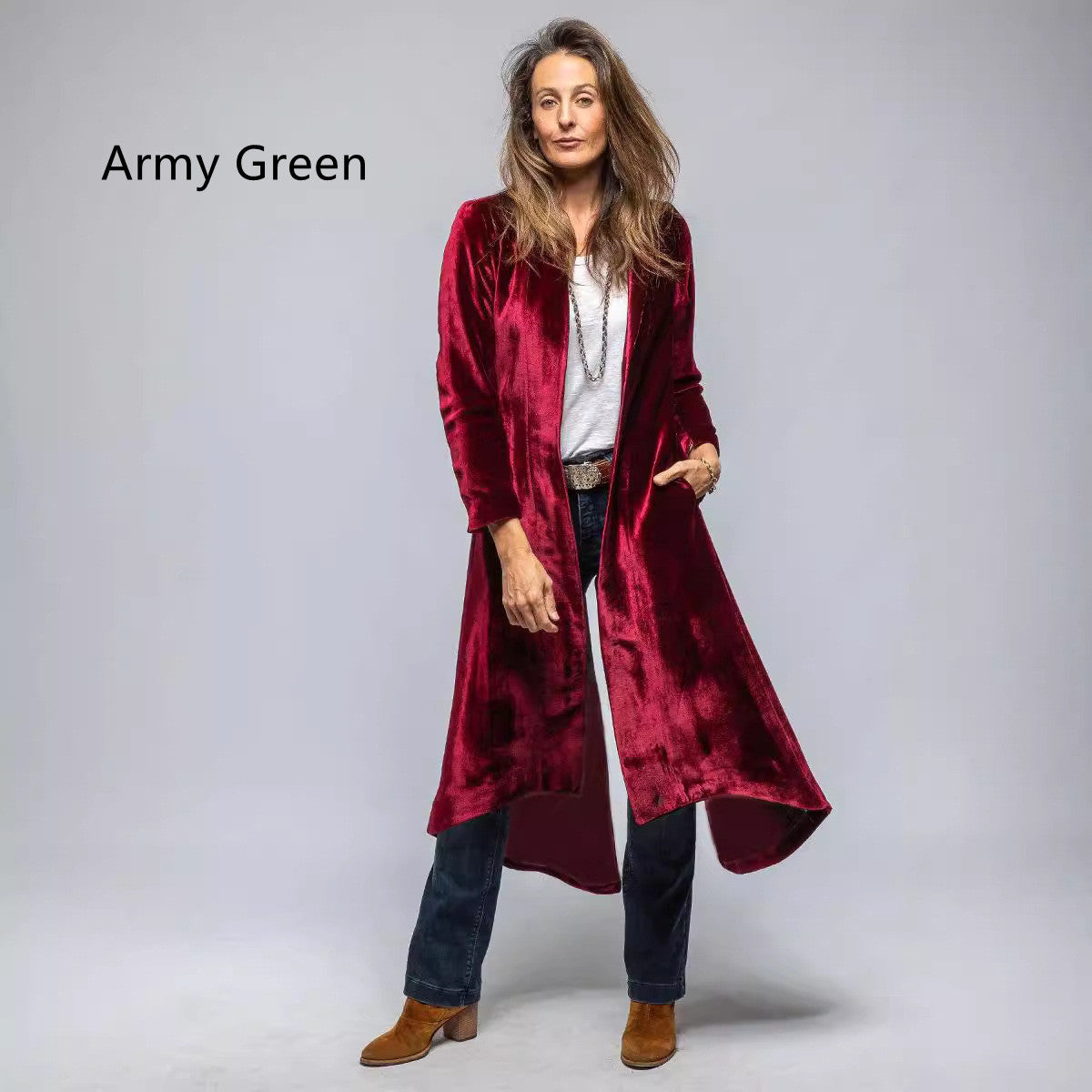 Women's Velvet Long Cardigan Solid Color Retro Split Trench Coat Loose Overcoat