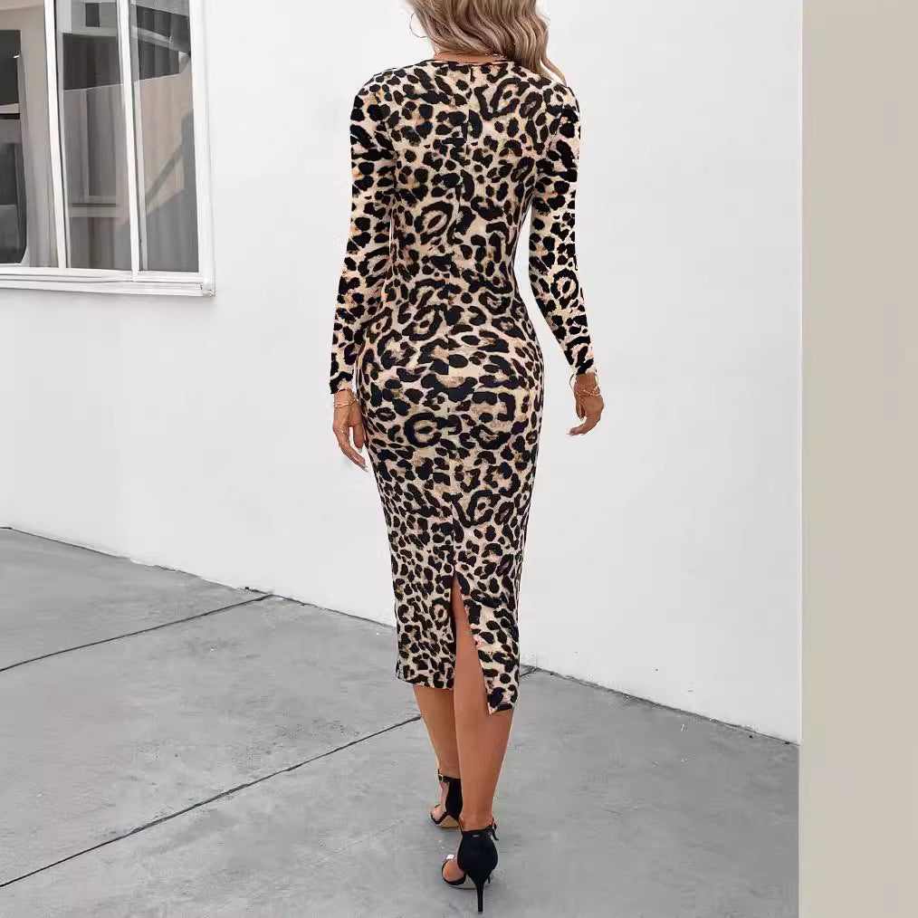 Leopard Print Round Neck Slim Fit Cashmere Dress