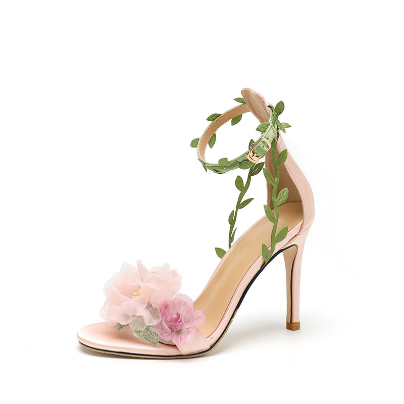 Sandales Femme à Talon Haut et Bride Végétale Rose et Blanc