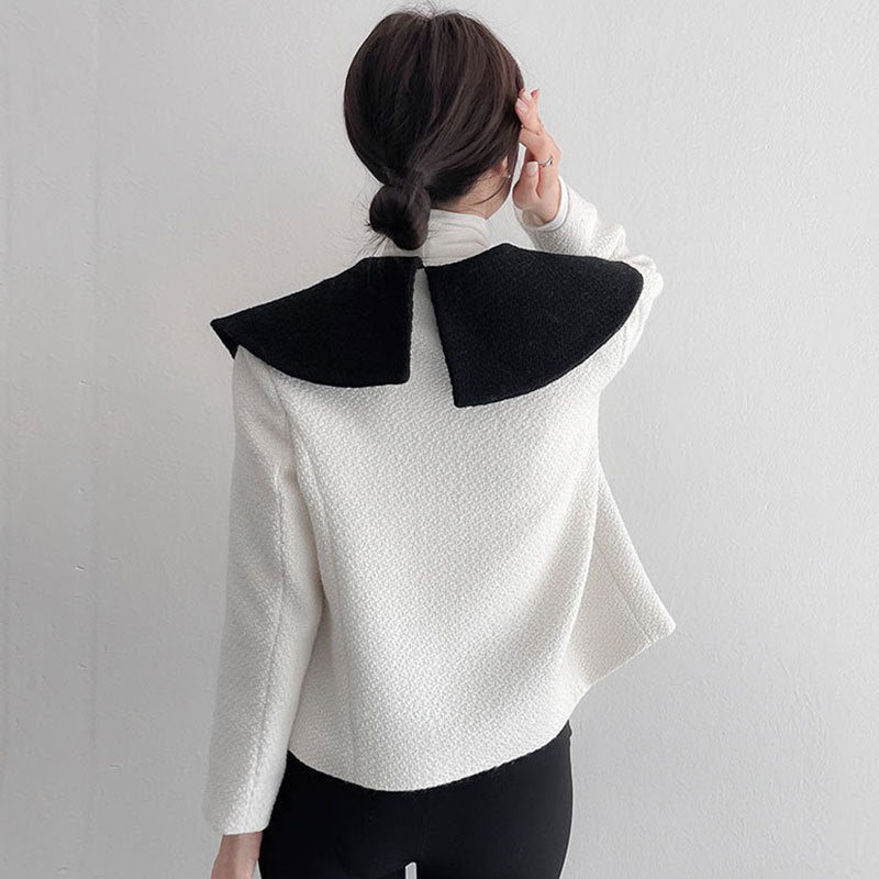 Navy Collar Short Long Sleeve Tweed Coat Top In Contrasting Colors