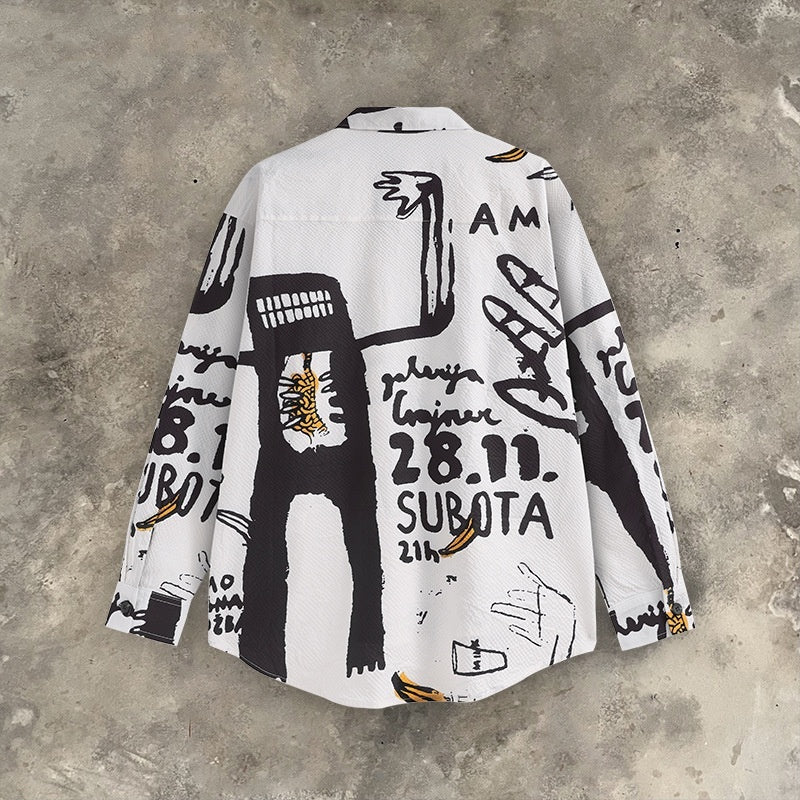Hand-Painted Graffiti Digital Print Polyester Shirt for Autumn Winter