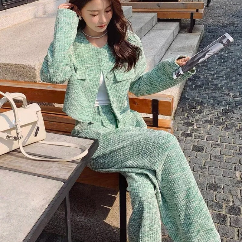 Green Acrylic Casual Suit for Women Autumn Flight Sleeve S-XL