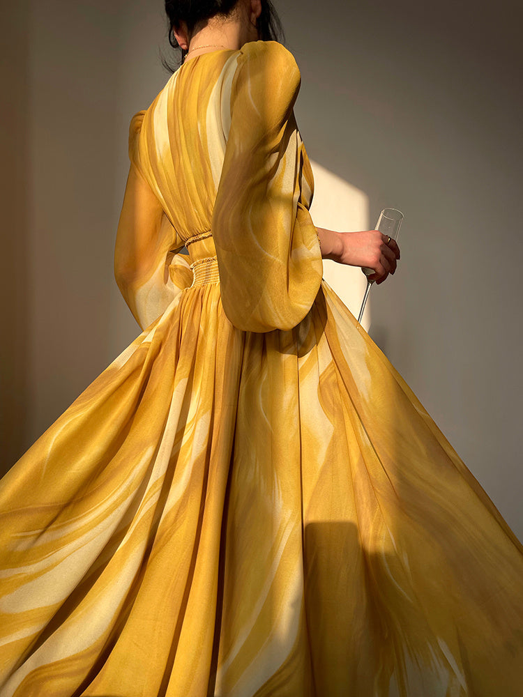 V-Neck Long Sleeve A-Line Chiffon Skirt with Waistband