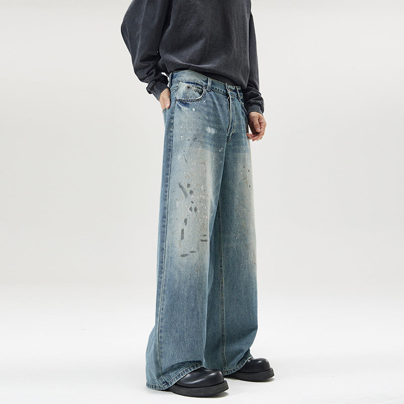 American-Style Ice Blue Washed Loose Denim Jeans