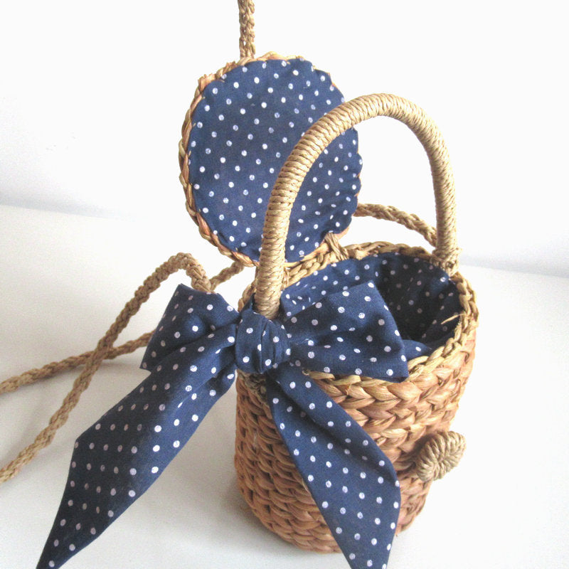 Small Cylinder Light Coffee Corn Fur Woven Bag with Bow