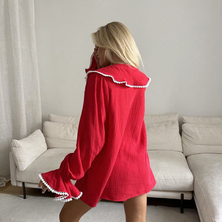 Red Lace V-Neck Bell Sleeve Top & Shorts Two-Piece Set