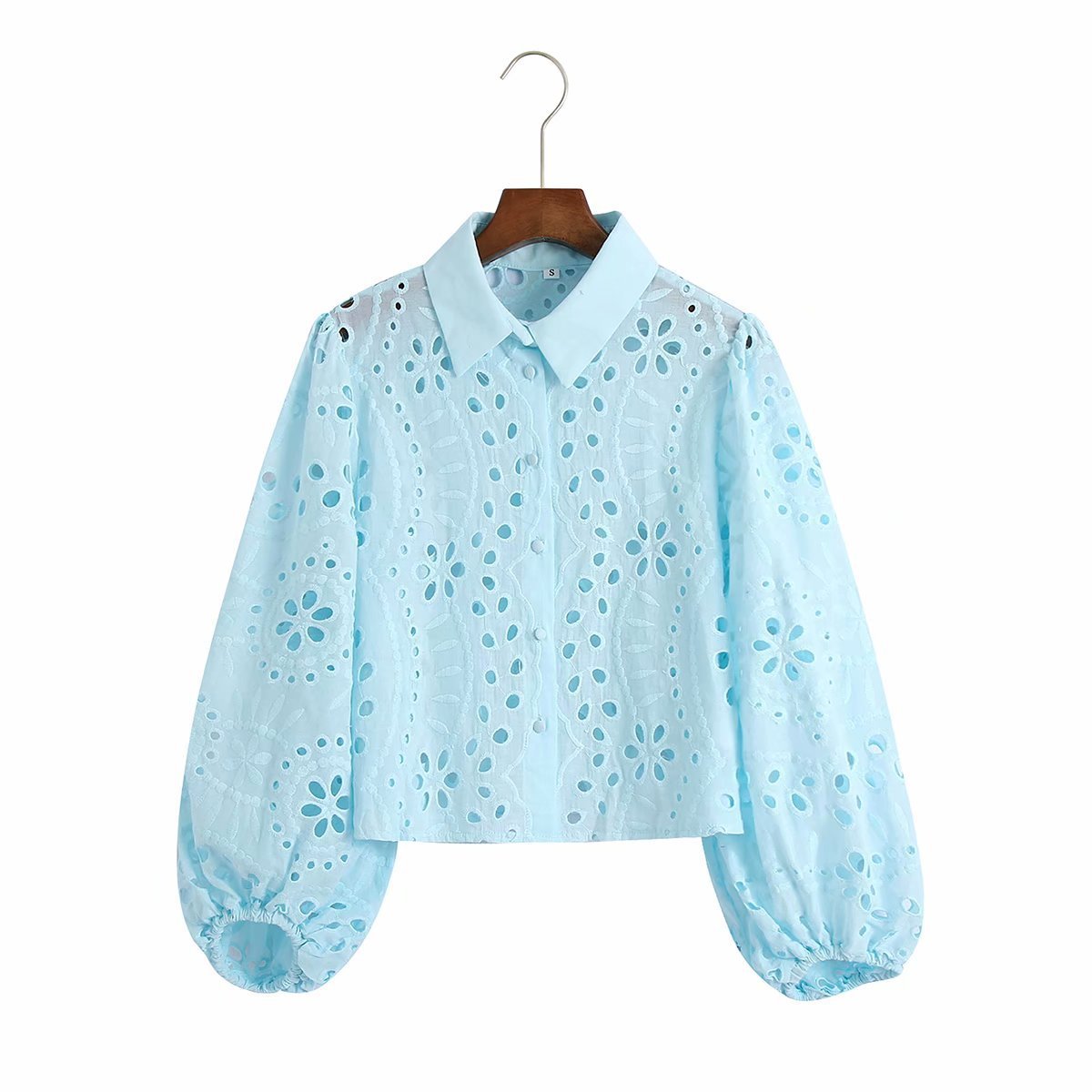 Women's Long-Sleeve Hollow Embroidered Cotton Shirt in Blue & Pink