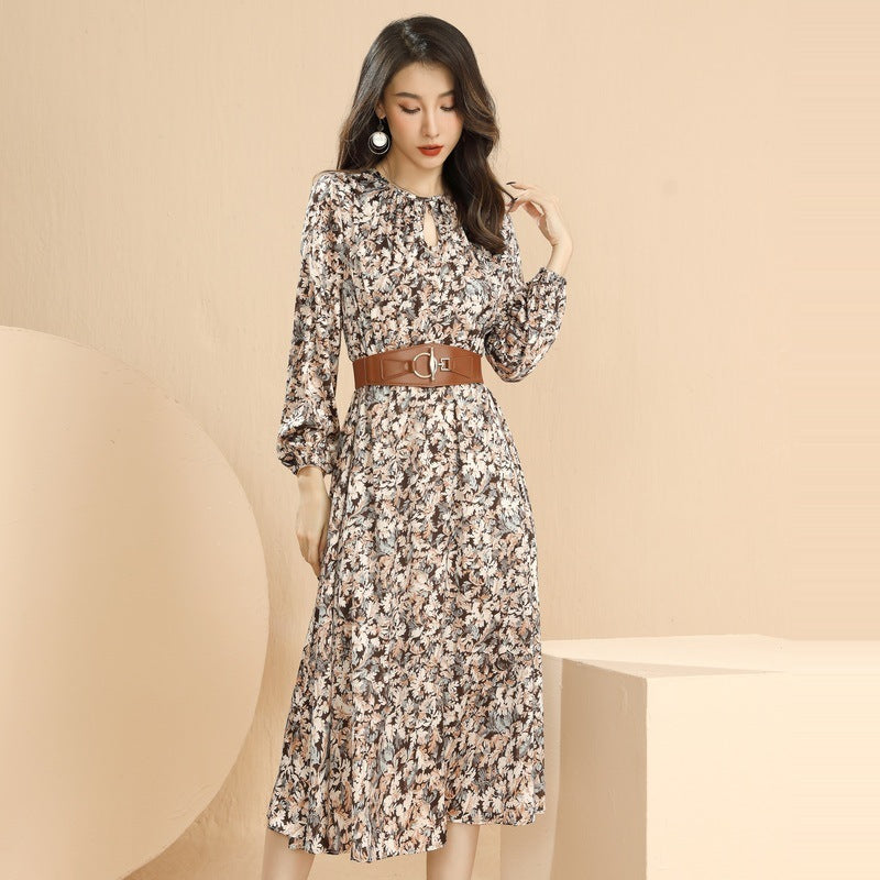 Fashion Round Neck Floral Waist Tie Dress