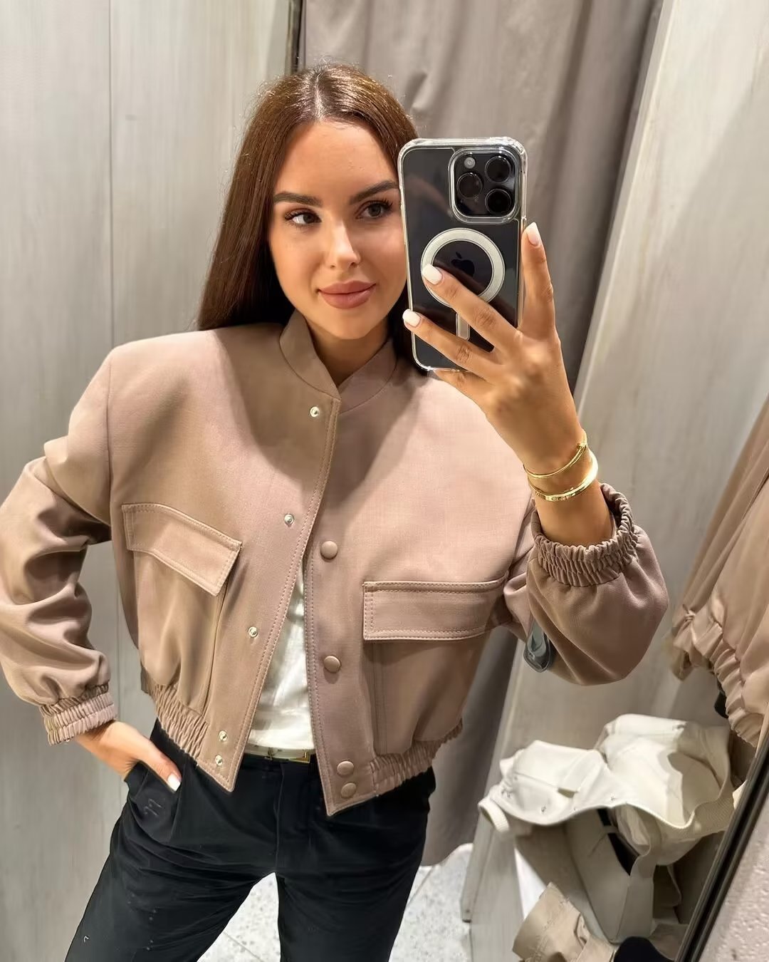 European American Summer New Large Pocket Flight Jacket A- Line Skirt