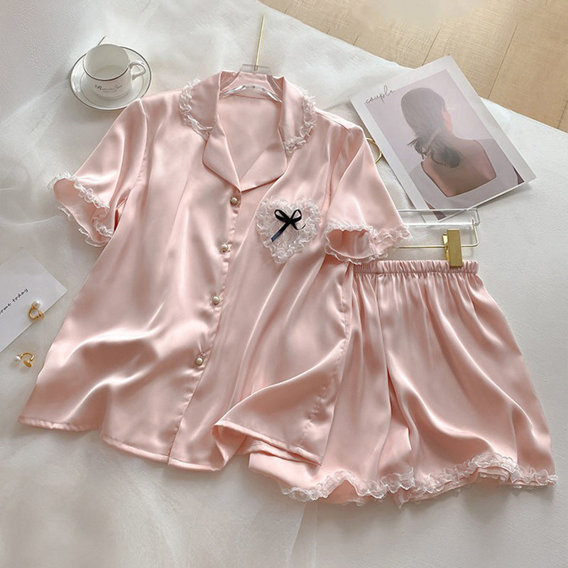 Women’s Korean-Style Pink Short-Sleeve Shorts Pajama Set, Rayon, Summer, Casual, Breathable