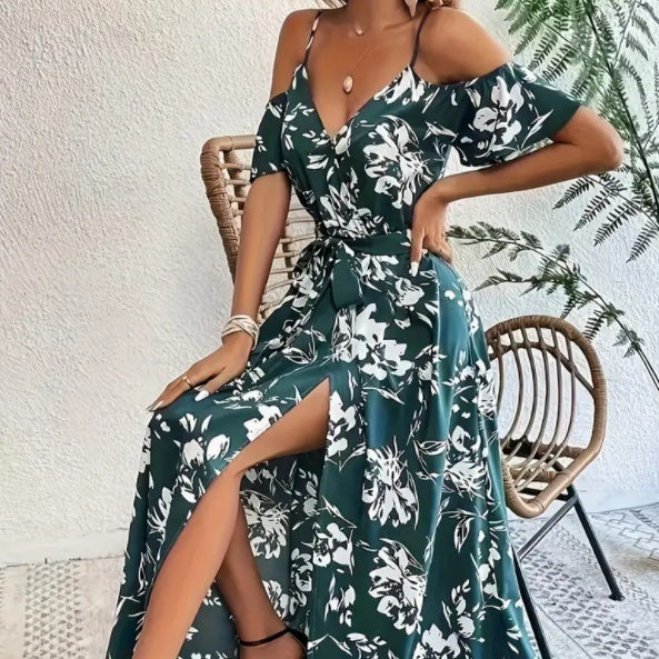 Flower Print Split Suspender Lace-Up Summer Dress for Women