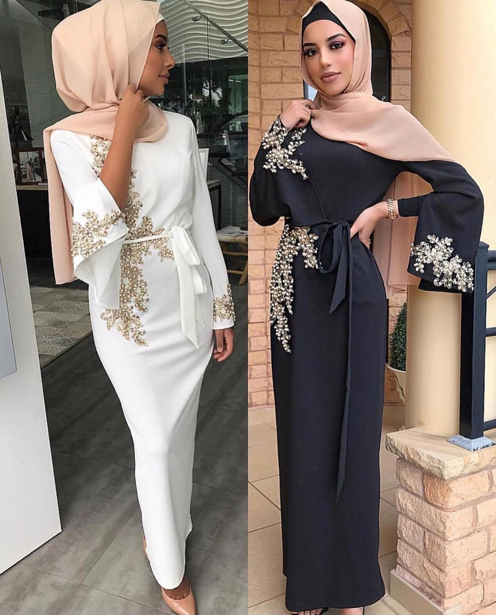 Robe longue musulmane brodée en mélange de coton avec manches trompette