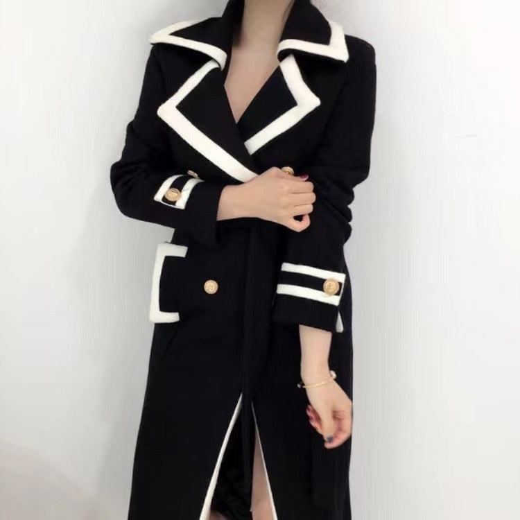 Slim Black Woolen Overcoat Medium Long Double Breasted