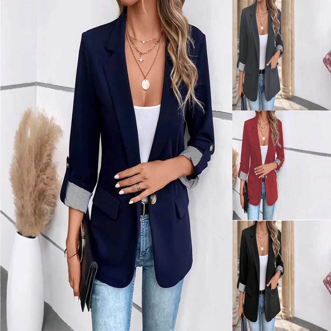 Slim-Fit Cropped Button Suit Jacket with Roll-Up Sleeves for Women