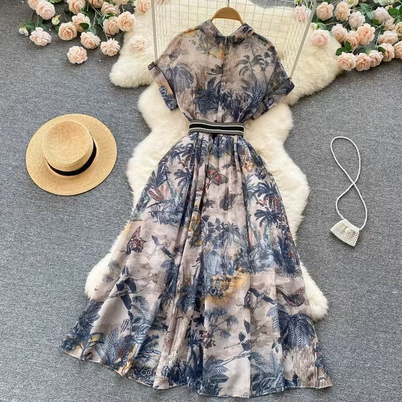 Robe en mousseline de soie élégante imprimée taille haute